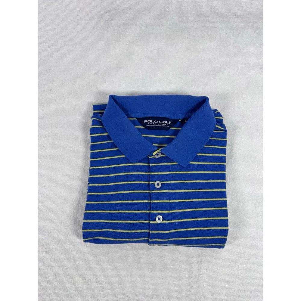 Polo Golf Ralph Lauren Mens Large Blue Yellow Striped Pima Cotton Polo Shirt